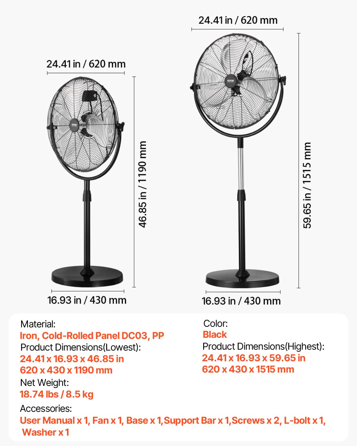 20 Inch 3 Speed Adjustable Height Pedestal Fan L39428