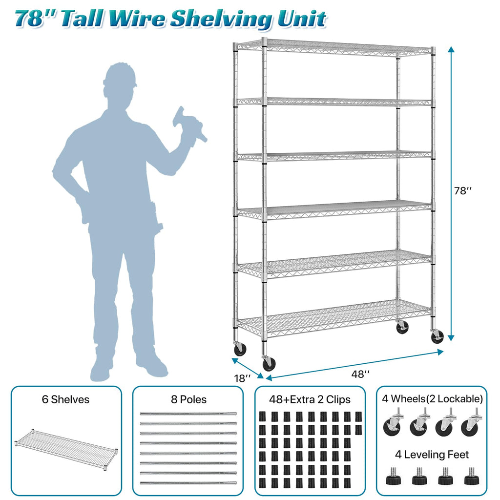6-Tier Heavy Duty Steel Wire Shelving Unit with Wheels K1825