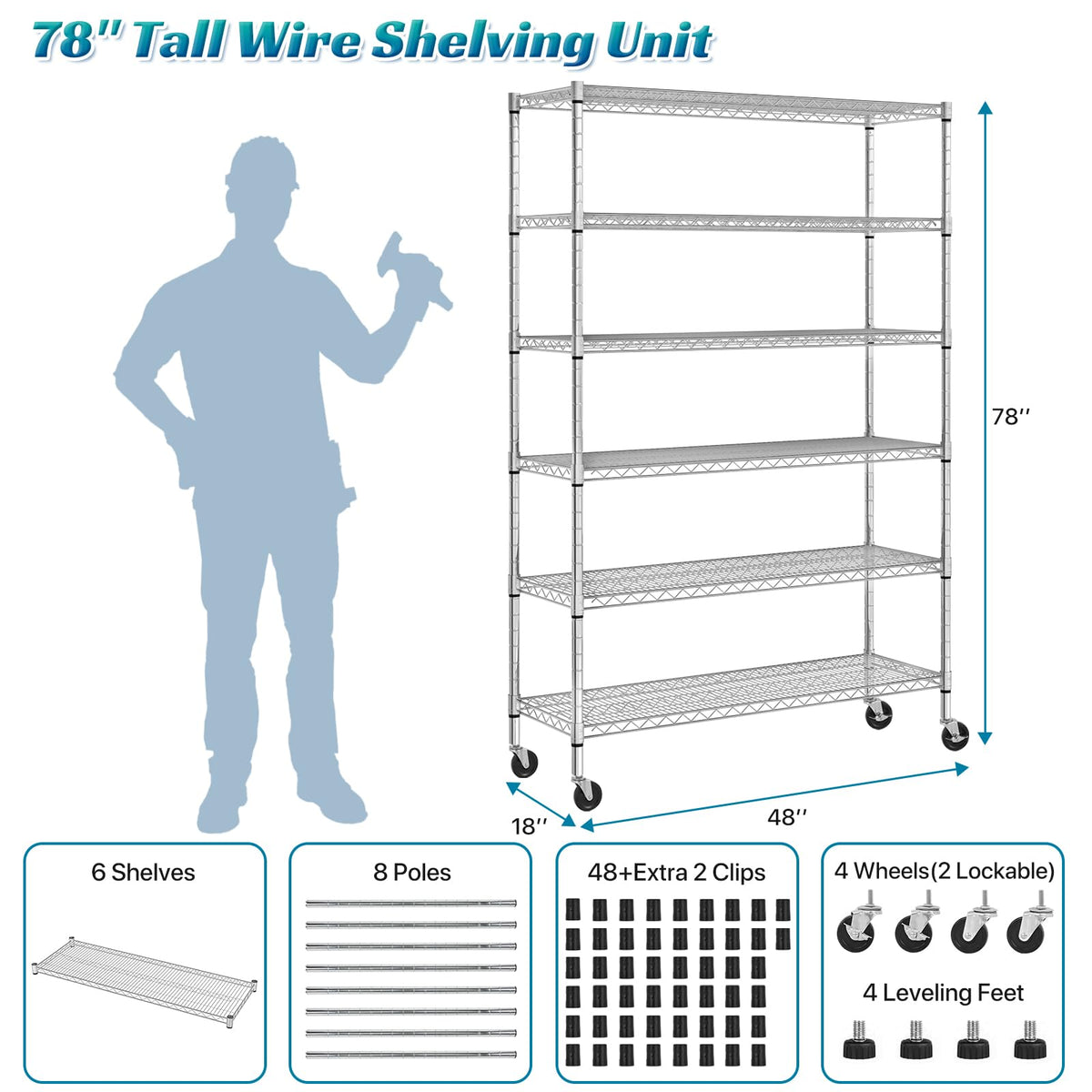 6-Tier Heavy Duty Steel Wire Shelving Unit with Wheels K1825