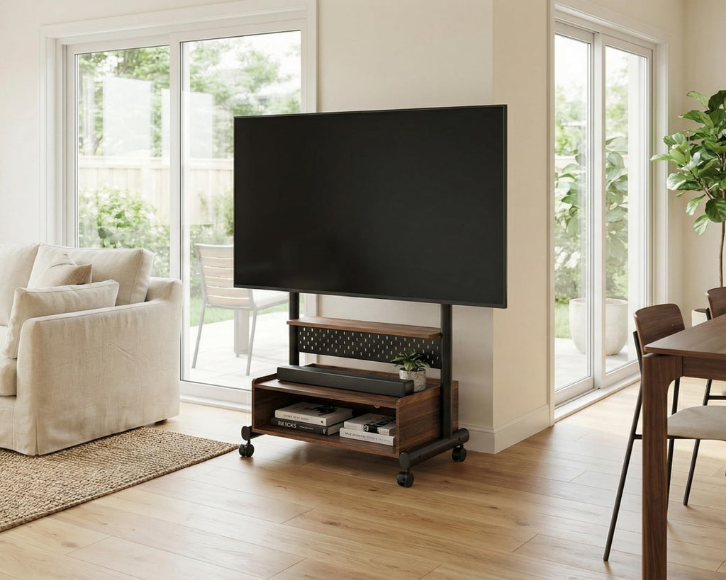 Rolling TV Floor Stand for 40-85in TVs, Height-Adjustable, Walnut H808966