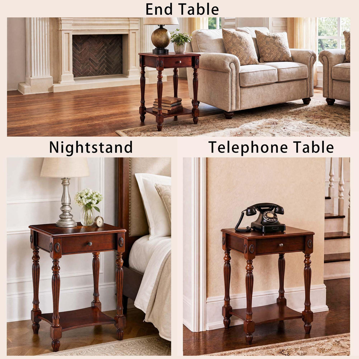 Solid Wood Side Table with Drawer and Storage Shelf N171419