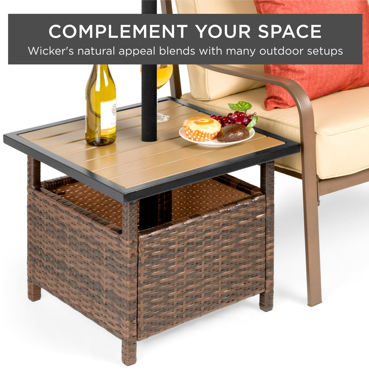 Brown Wicker Square Side Table with Umbrella Hole Y766795