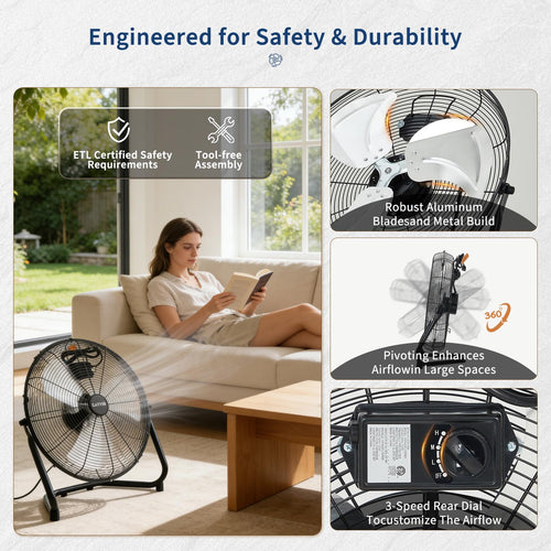 20" High Velocity Floor Fan, 4800 CFM Heavy Duty Industrial Metal Fan with 3 Speeds P697934