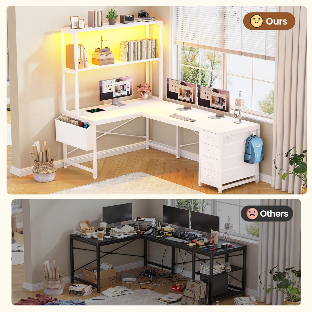 L Shaped Corner Desk with 4 Drawer, Power Outlet & LED Lights, White B821