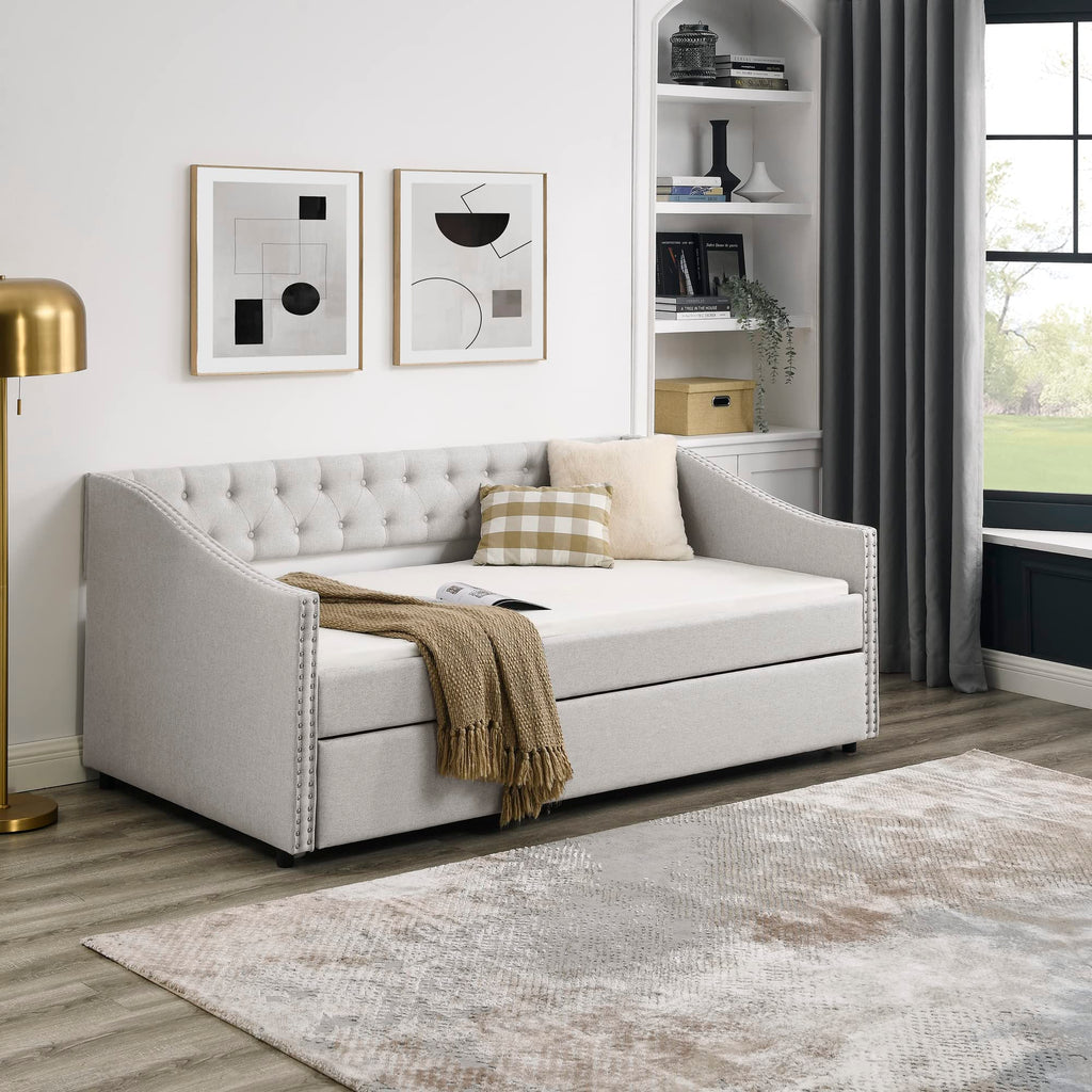 Upholstered Button Tufted Twin Size Daybed with Trundle B866