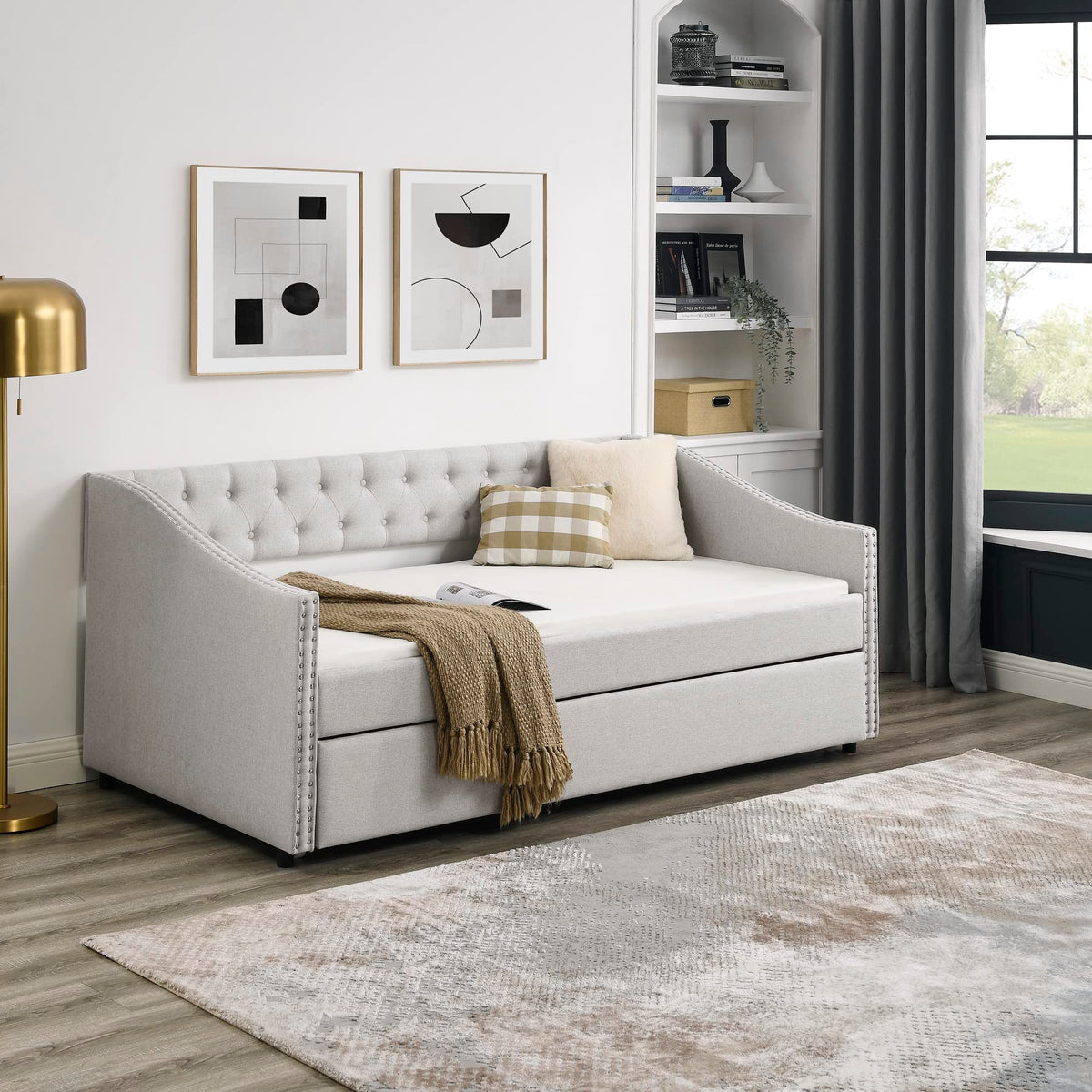 Upholstered Button Tufted Twin Size Daybed with Trundle B866