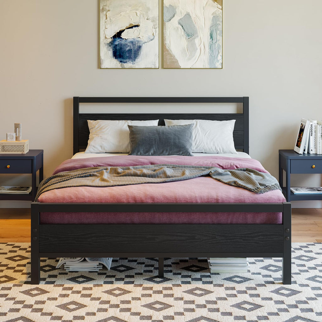Black Full Size Bed Frame with Wood Headboard and Storage Q418524