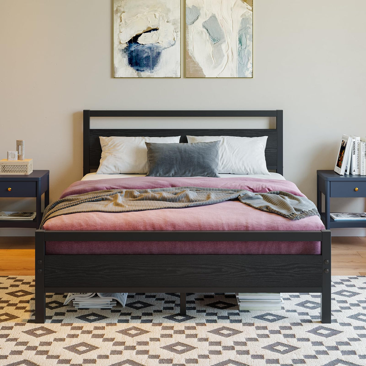 Black Full Size Bed Frame with Wood Headboard and Storage Q418524