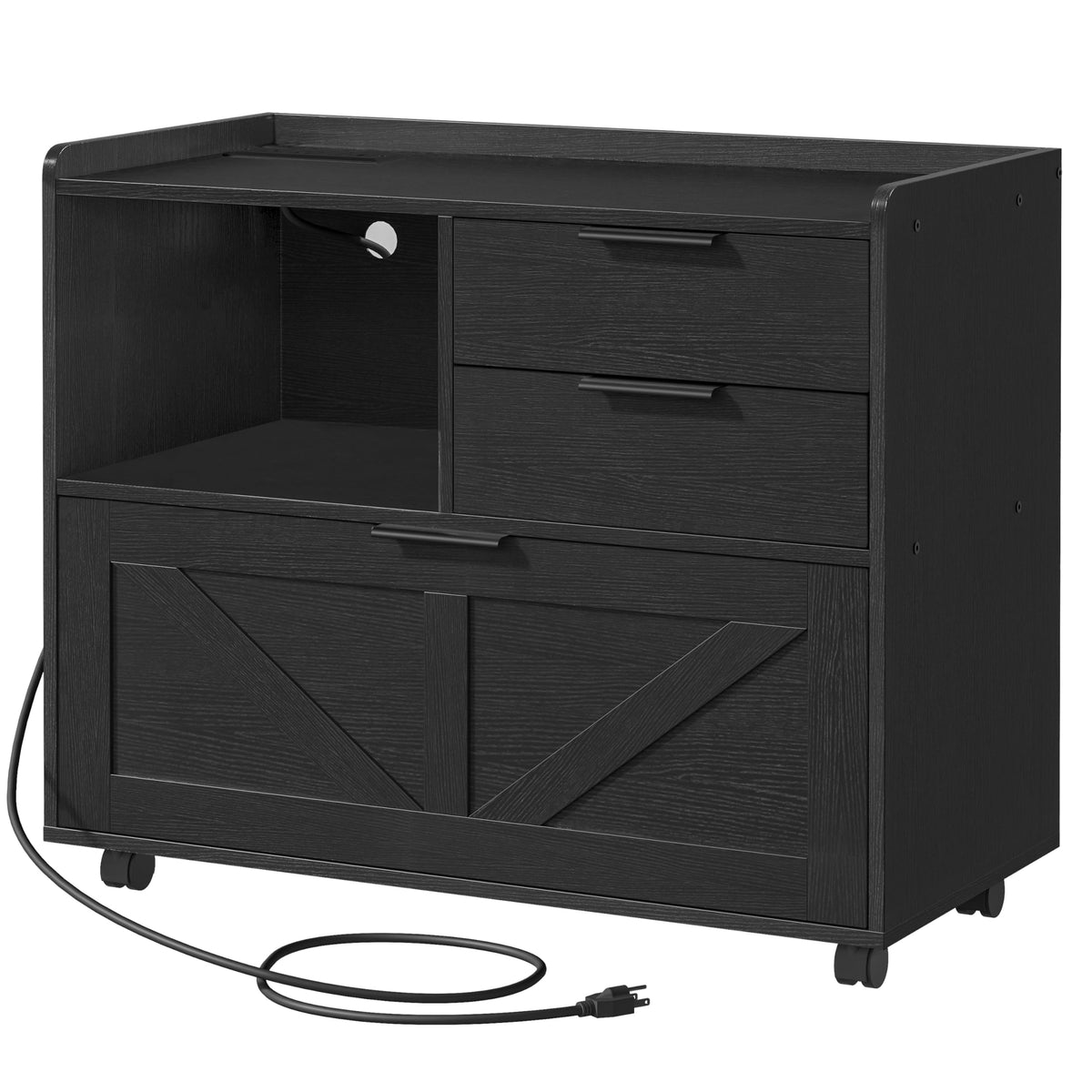 Black Wood Lateral File Cabinet with Charging Station P406