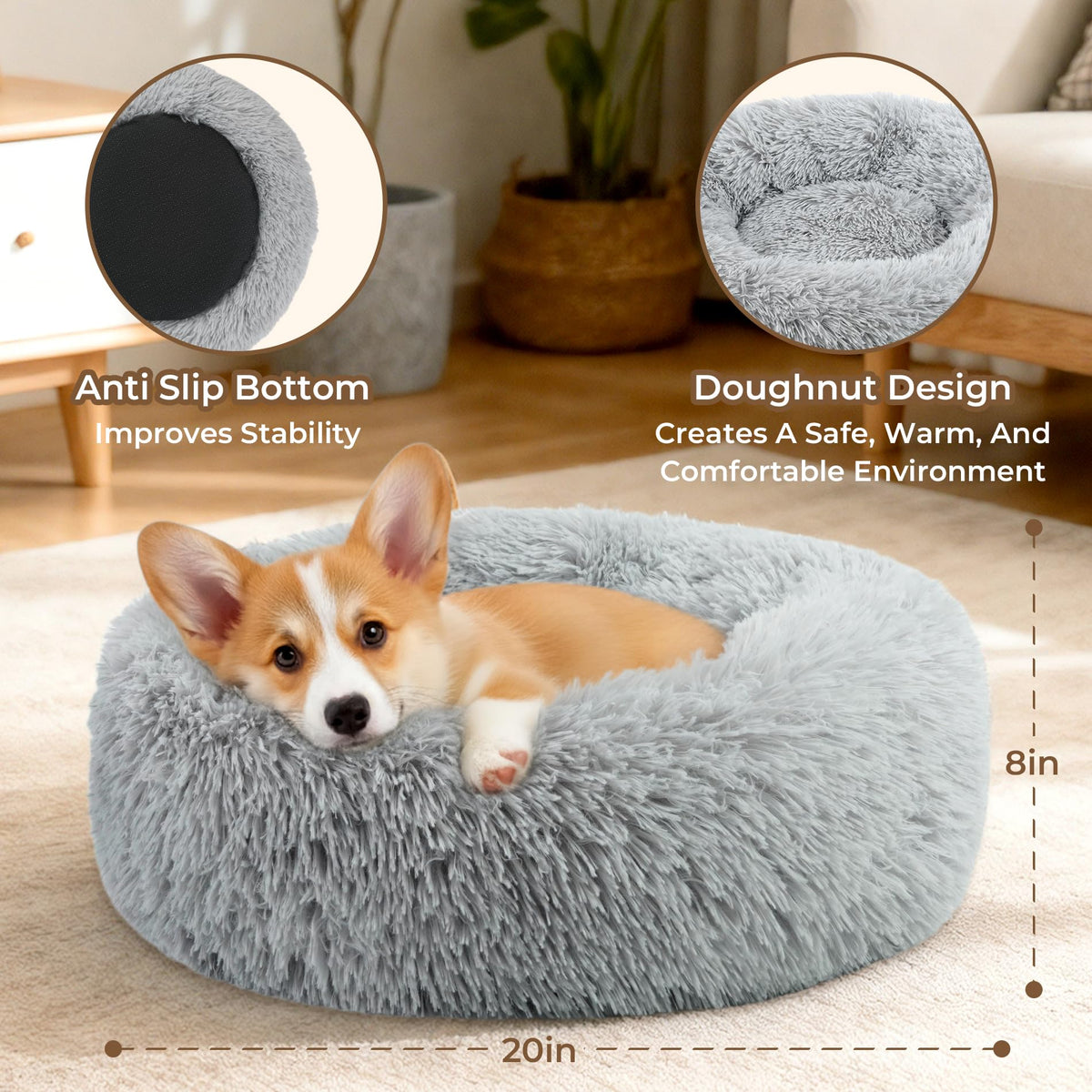 Round Fluffy Washable Anti-Anxiety Dog and Cat Bed E9120