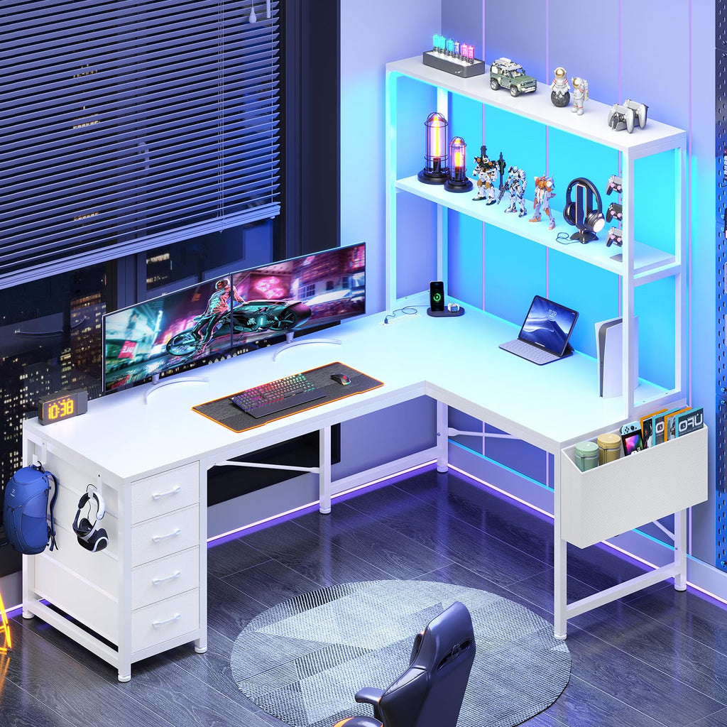 L Shaped Corner Desk with 4 Drawer, Power Outlet & LED Lights, White B821