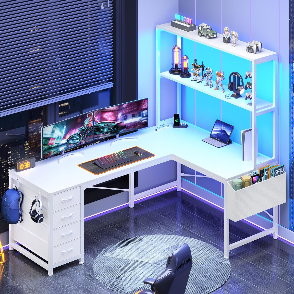 L Shaped Corner Desk with 4 Drawer, Power Outlet & LED Lights, White B821