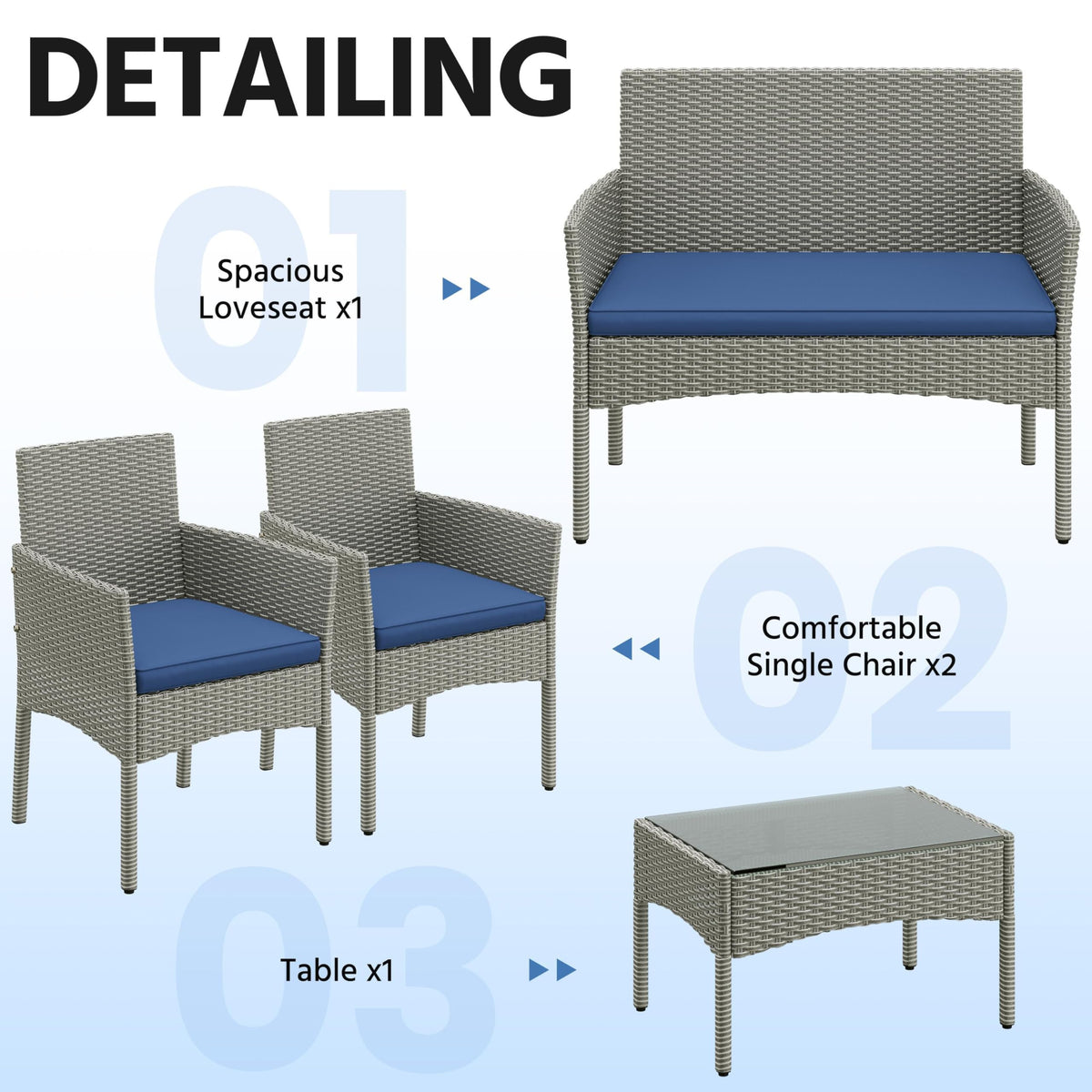 4 Pieces Rattan Wicker Patio Furniture Set with Cushion and Glass Table R14619