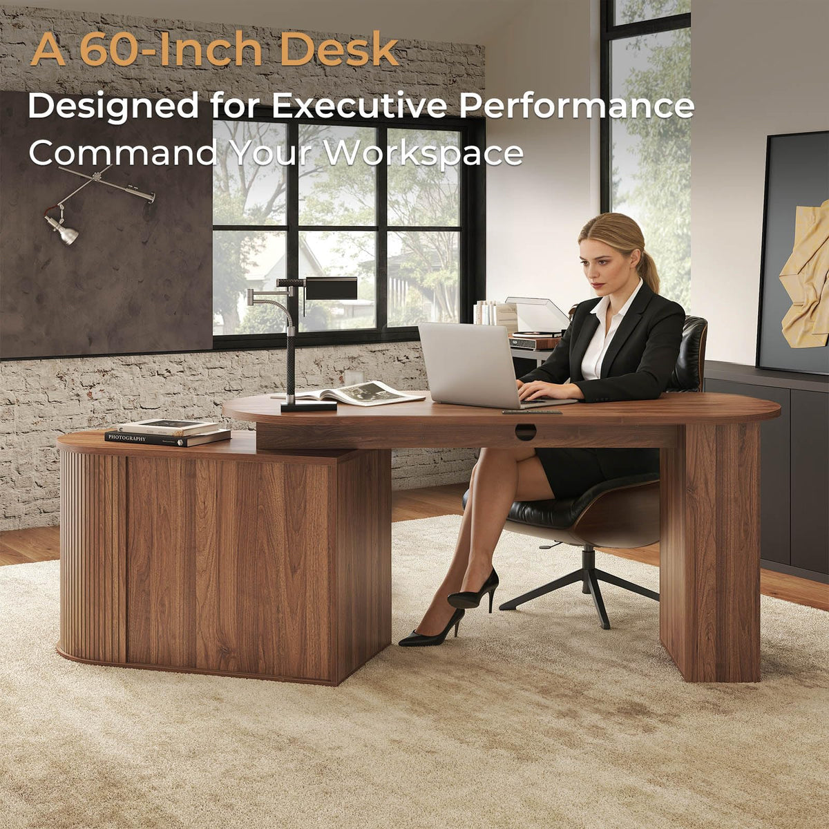 L Shaped Corner Desk with Storage Cabinet Walnut 60 Inch V17503