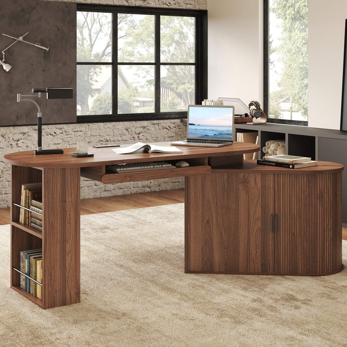 L Shaped Corner Desk with Storage Cabinet Walnut 60 Inch V17503