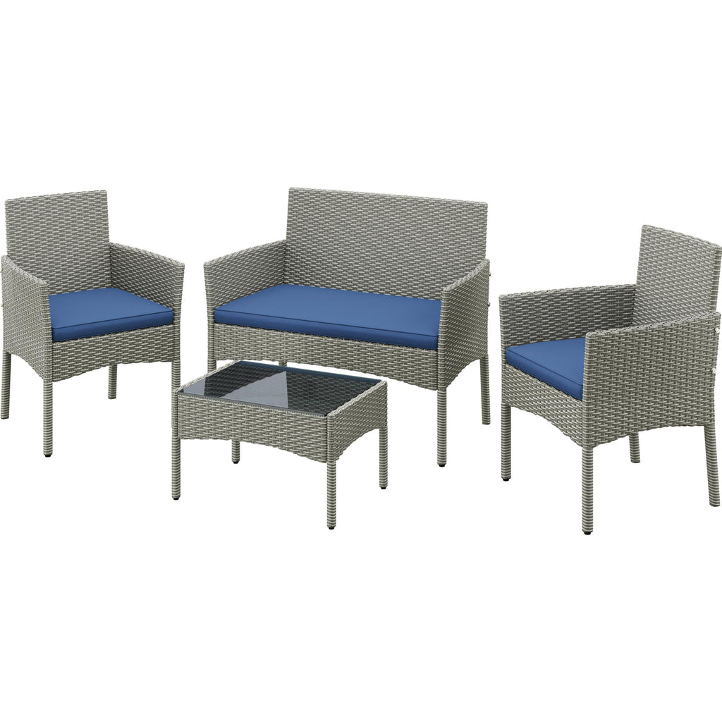 4 Pieces Rattan Wicker Patio Furniture Set with Cushion and Glass Table R14619
