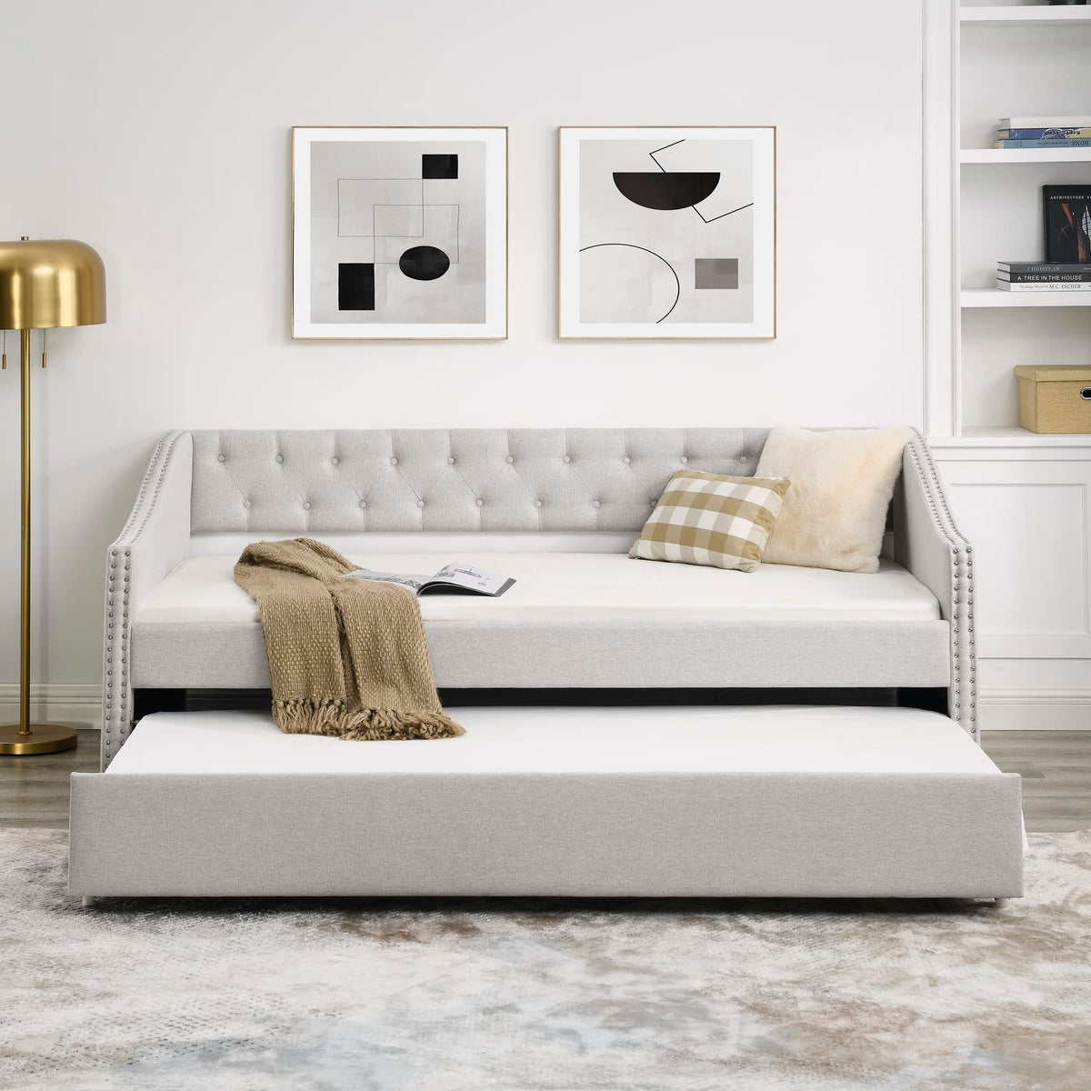 Upholstered Button Tufted Twin Size Daybed with Trundle B866