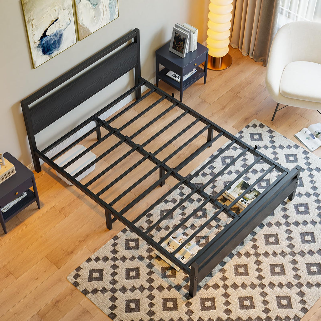 Black Full Size Bed Frame with Wood Headboard and Storage Q418524