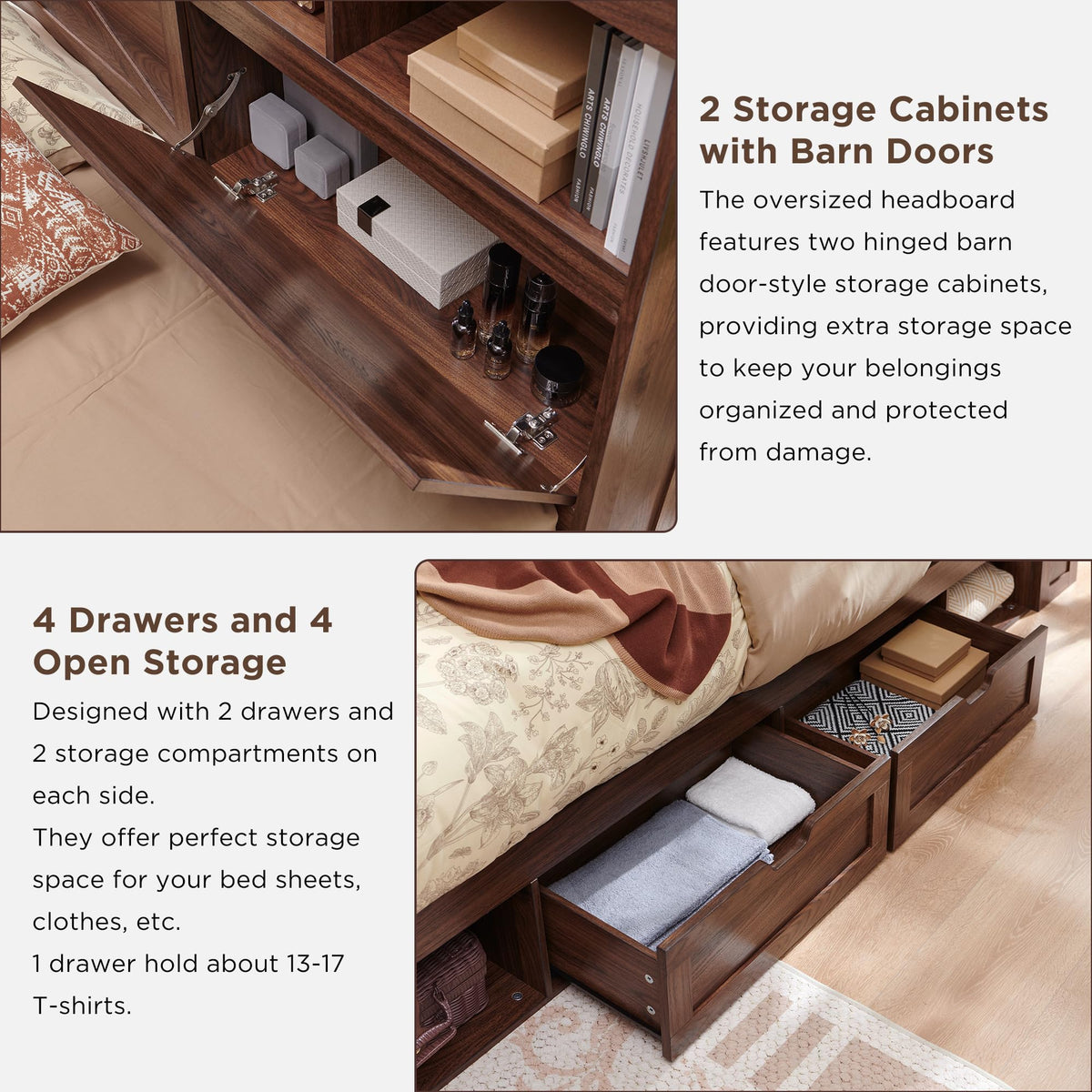Queen Size Wood Bed Frame with Storage Headboard and 4 Drawers O867660
