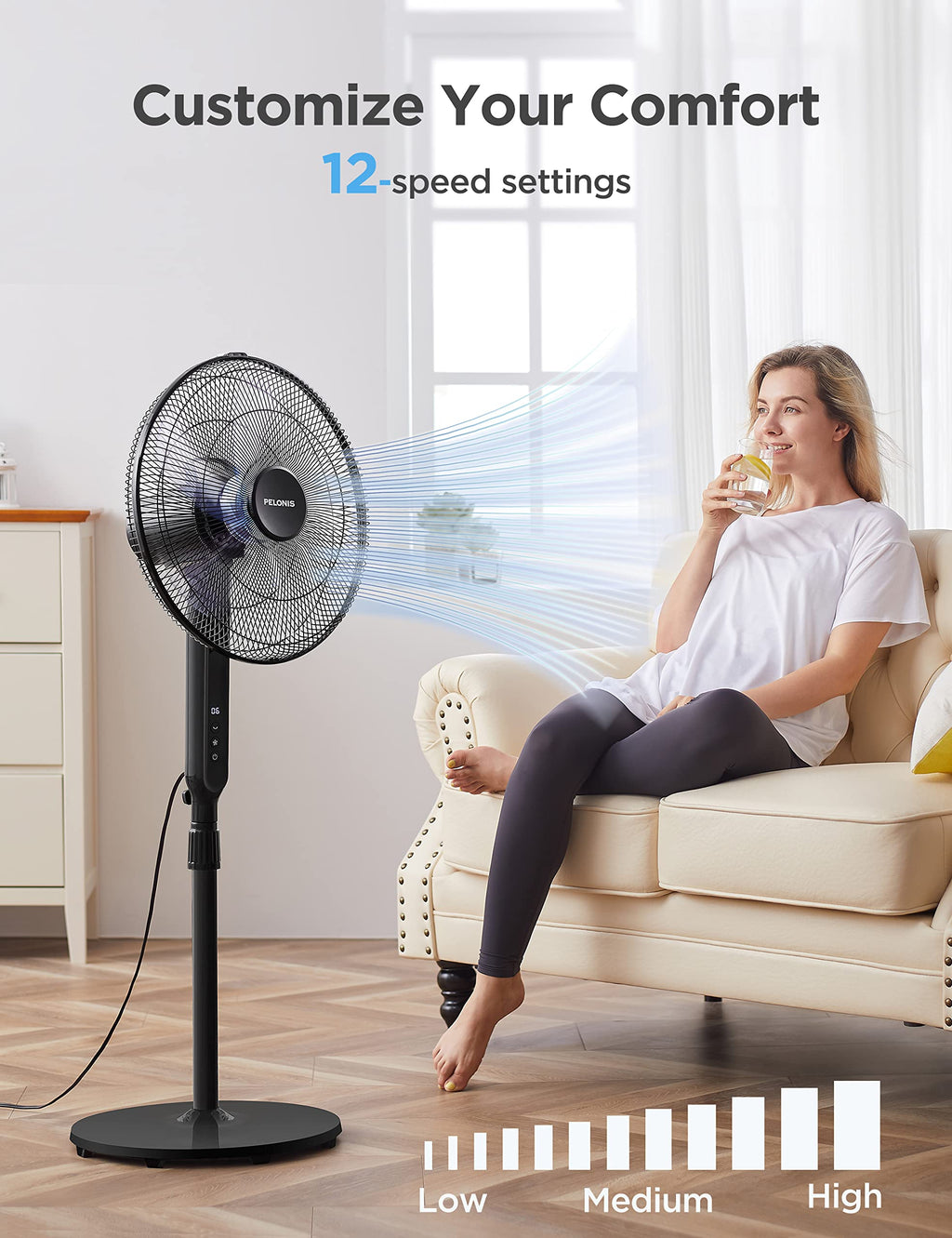 16" Oscillating Pedestal Stand Up Fan, Adjustable Height, Ultra Quiet DC Motor, Remote Control, 12 Speed, Black Y9842