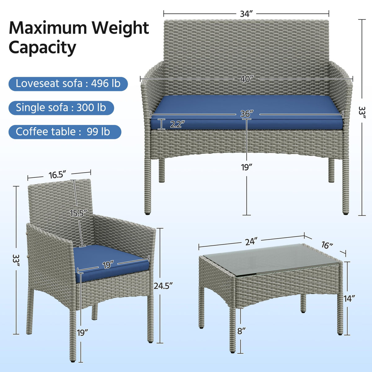 4 Pieces Rattan Wicker Patio Furniture Set with Cushion and Glass Table R14619