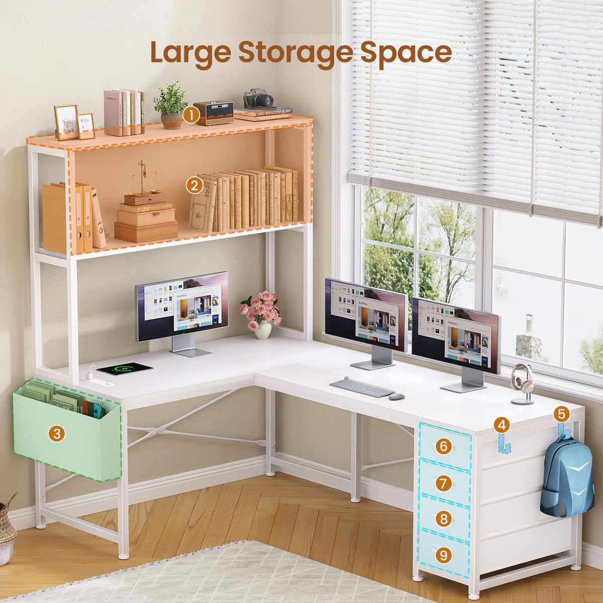 L Shaped Corner Desk with 4 Drawer, Power Outlet & LED Lights, White B821