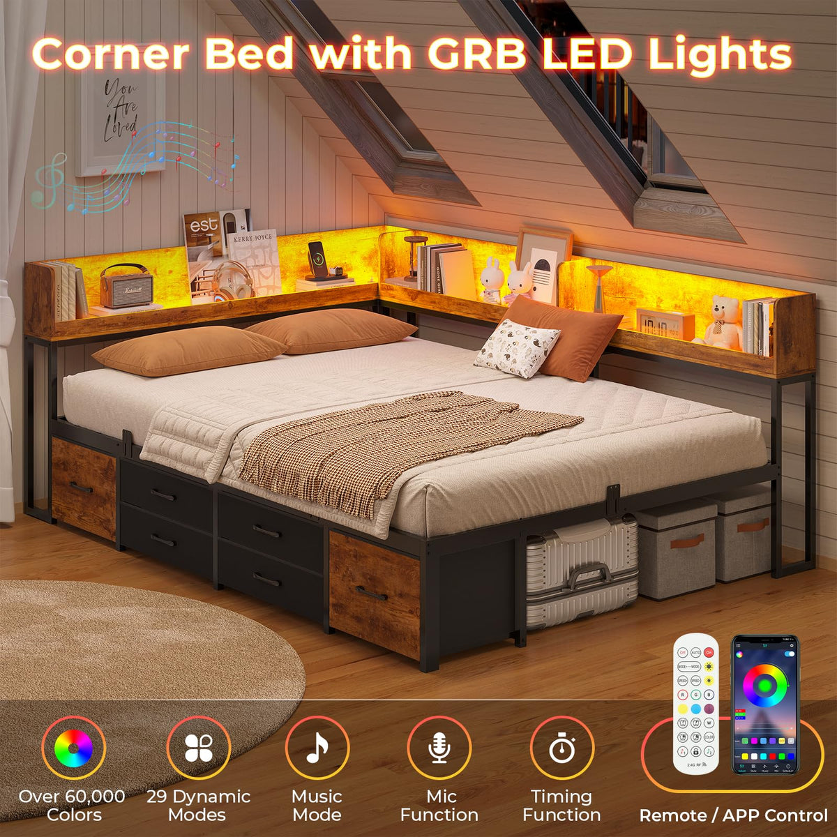 14 Inch Corner Bed Frame with Bookcase Storage, Full Daybed with 6 Drawers, Charging Station and LED Light, Black & Vintage Brown R20360
