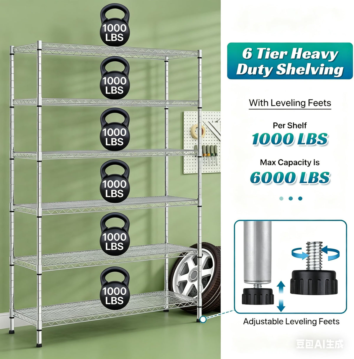 6-Tier Heavy Duty Steel Wire Shelving Unit with Wheels K1825