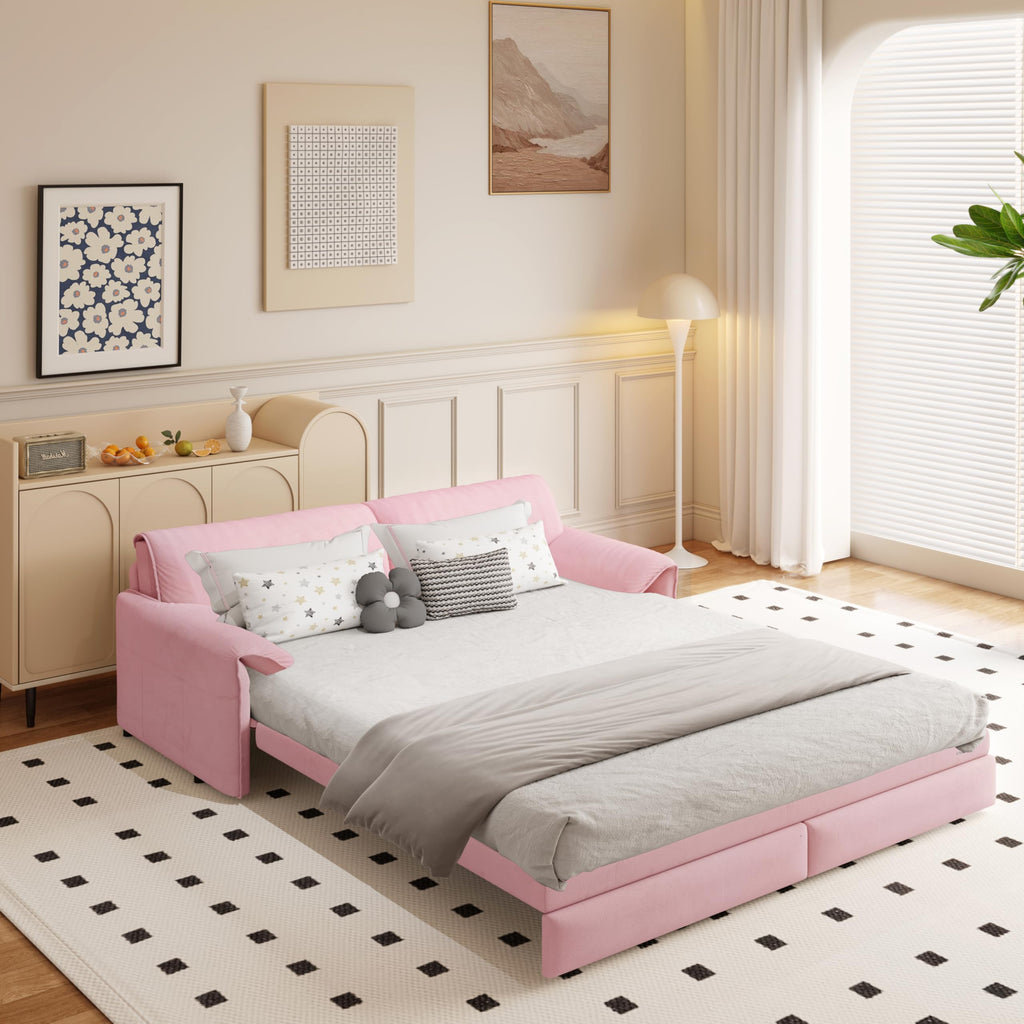 Queen Size Pink Velvet Convertible Futon Sofa Bed R3394