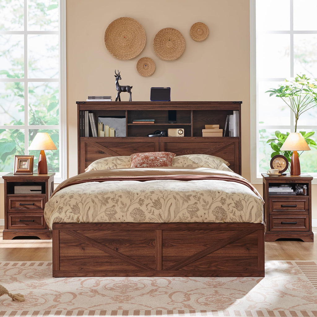 Queen Size Wood Bed Frame with Storage Headboard and 4 Drawers O867660