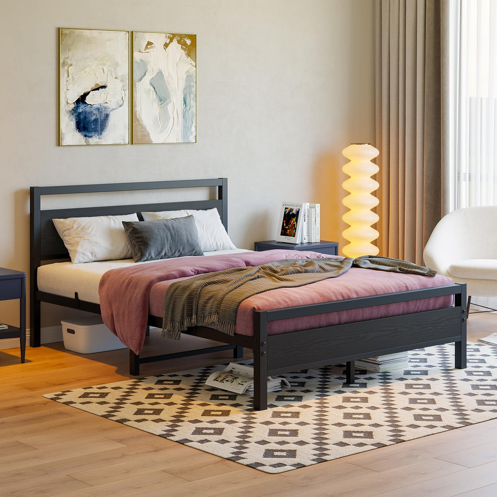 Black Full Size Bed Frame with Wood Headboard and Storage Q418524