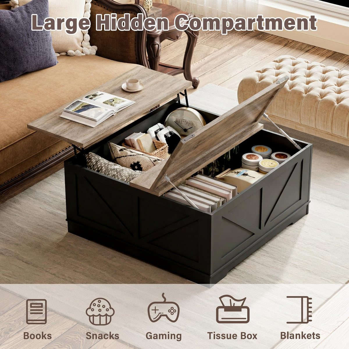 Black Lift Top Wood Coffee Table with Storage B890867