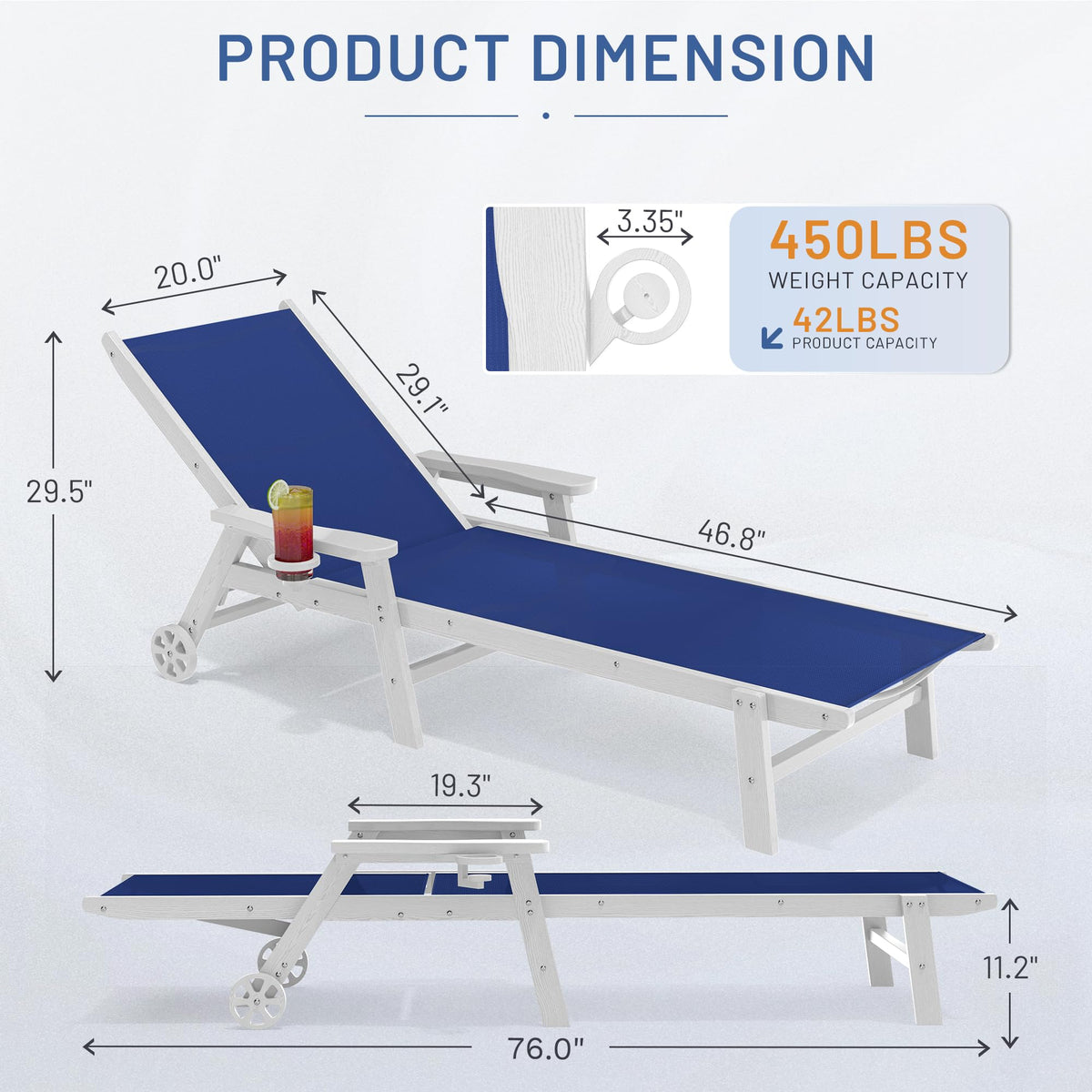 Royal Blue Patio Chaise Lounge Chair Set of 2 with Cup Holder P60145