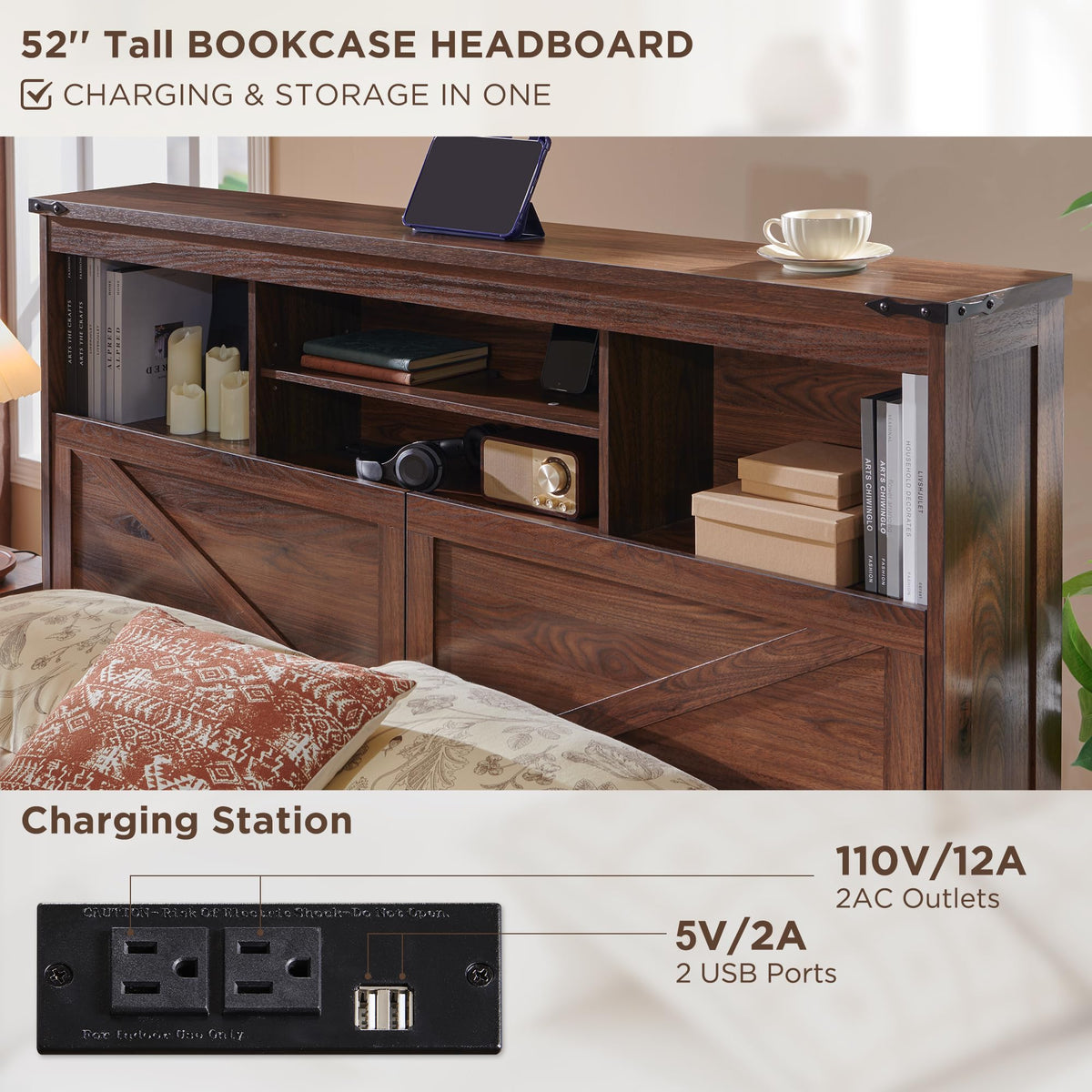 Queen Size Wood Bed Frame with Storage Headboard and 4 Drawers O867660