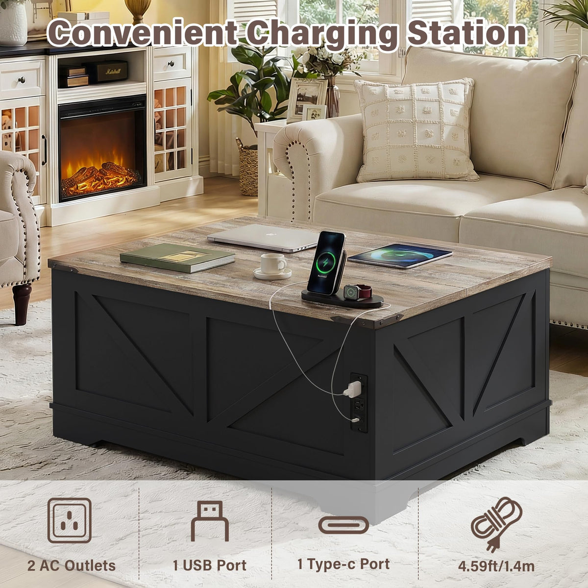 Black Lift Top Wood Coffee Table with Storage B890867