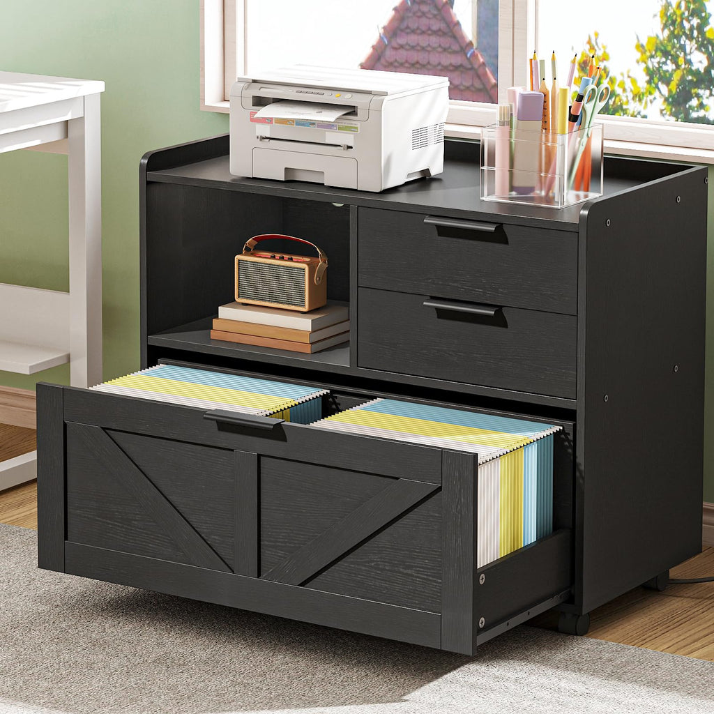 Black Wood Lateral File Cabinet with Charging Station P406
