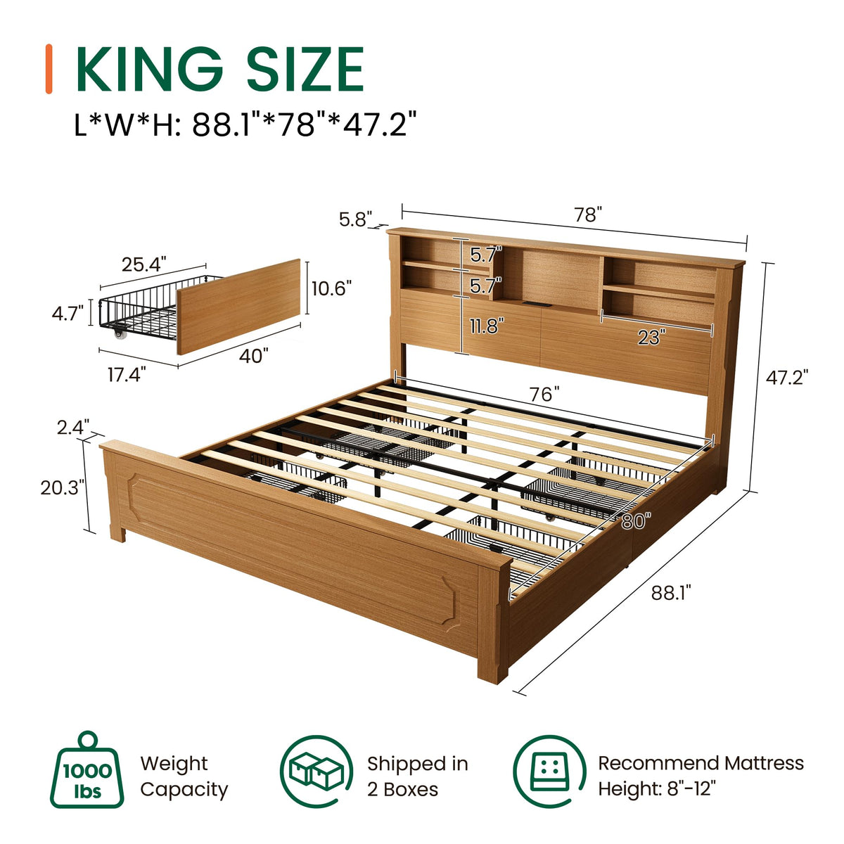 King Bed Frame with Headboard and Storage 4 Drawers Brown Y640
