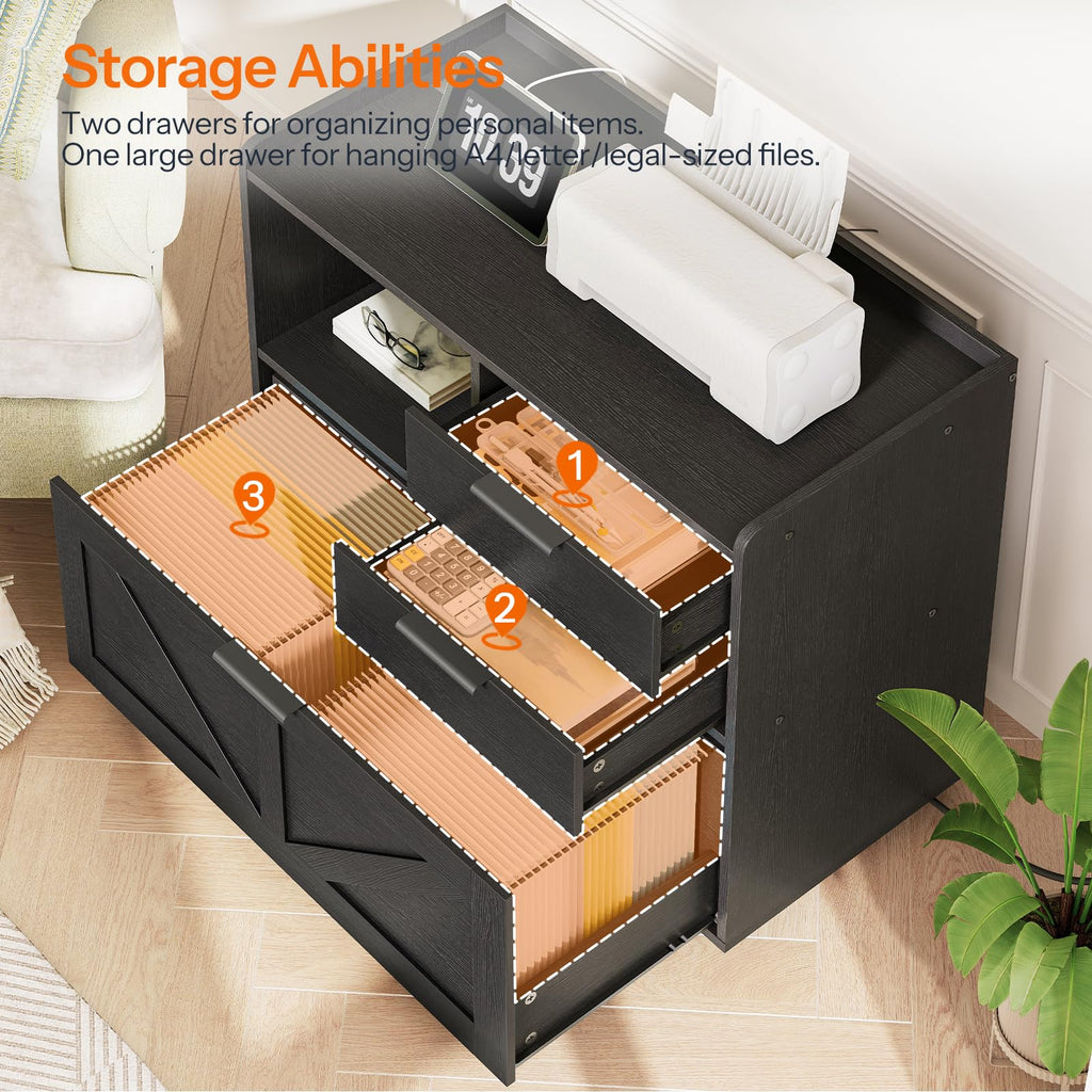 Black Wood Lateral File Cabinet with Charging Station P406