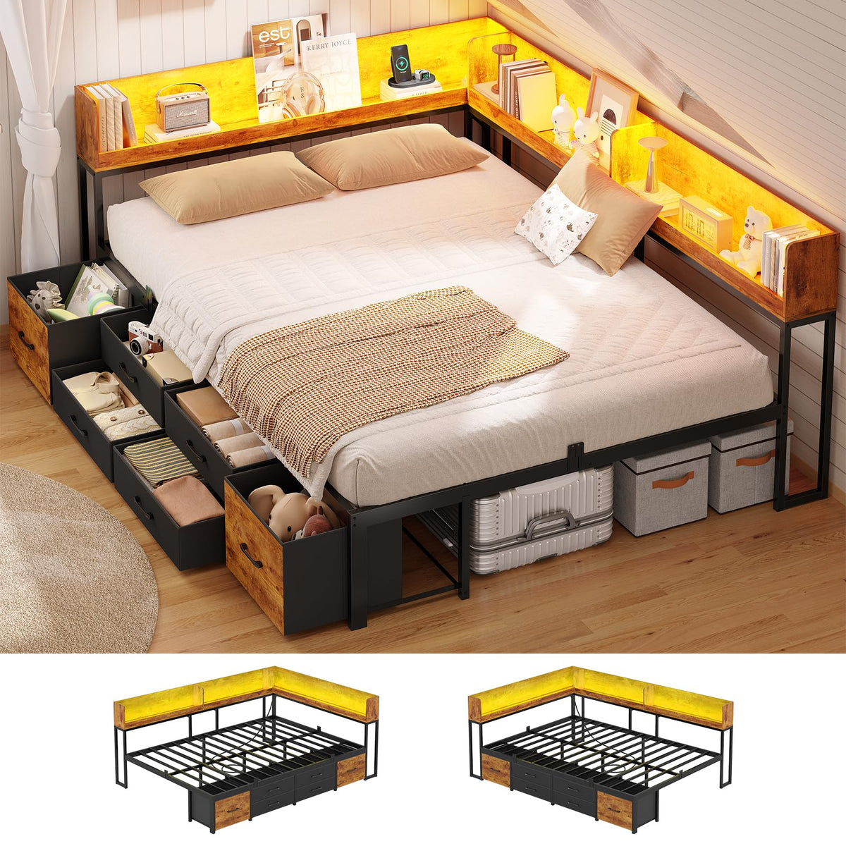 14 Inch Corner Bed Frame with Bookcase Storage, Full Daybed with 6 Drawers, Charging Station and LED Light, Black & Vintage Brown R20360