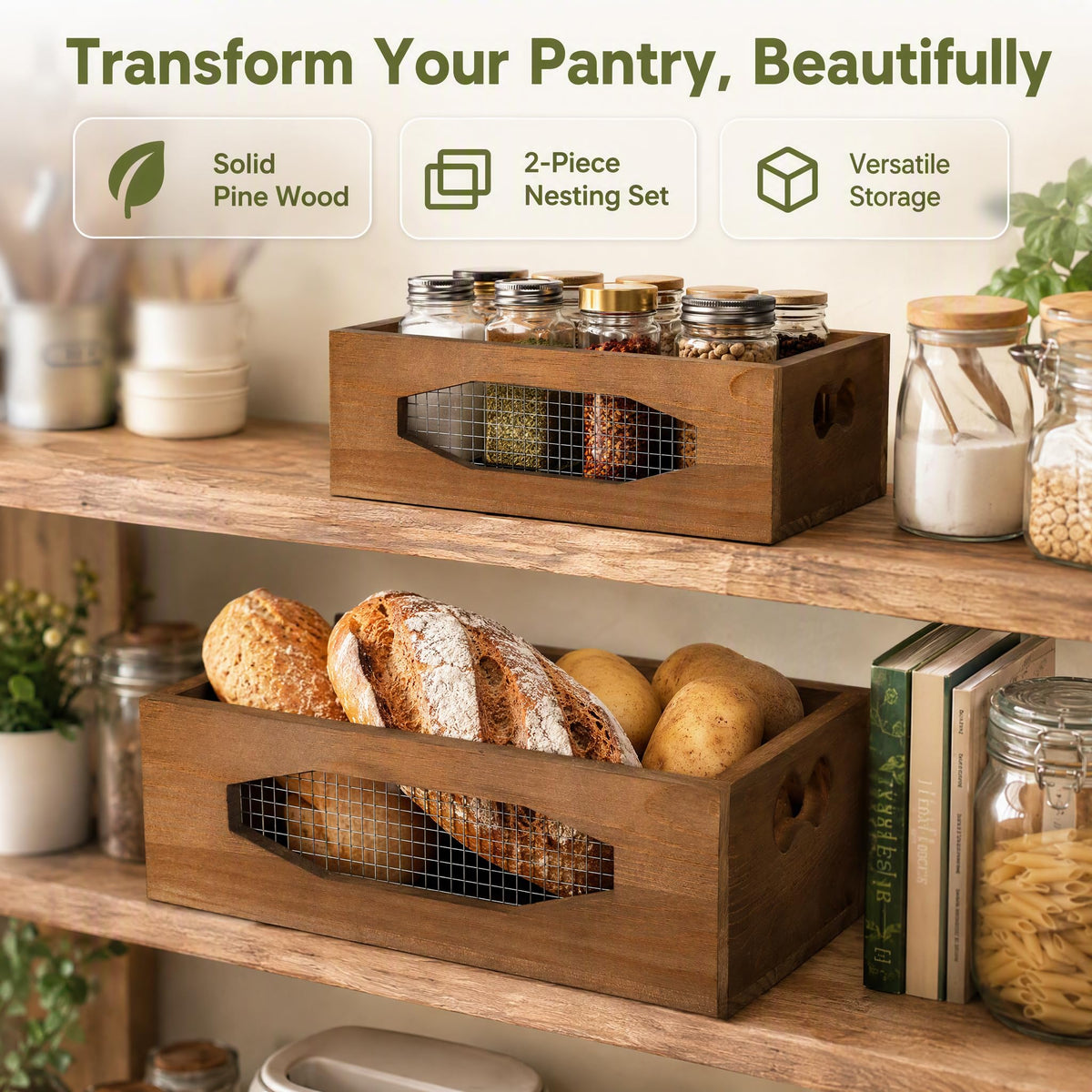 Set of 2 Wooden Nesting Countertop Baskets W72503