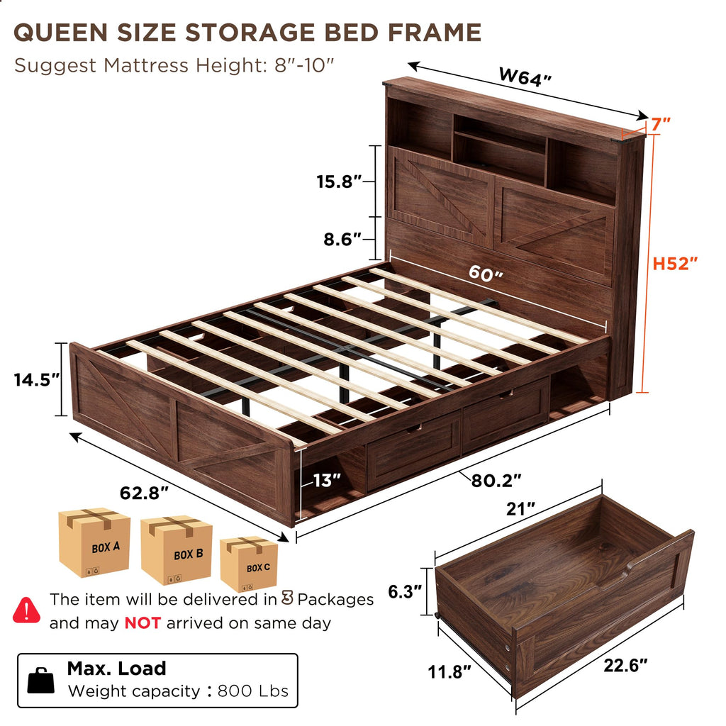 Queen Size Wood Bed Frame with Storage Headboard and 4 Drawers O867660