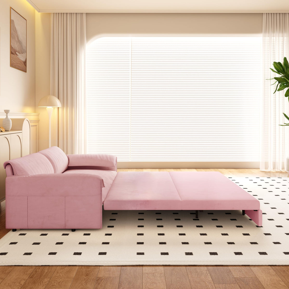 Queen Size Pink Velvet Convertible Futon Sofa Bed R3394