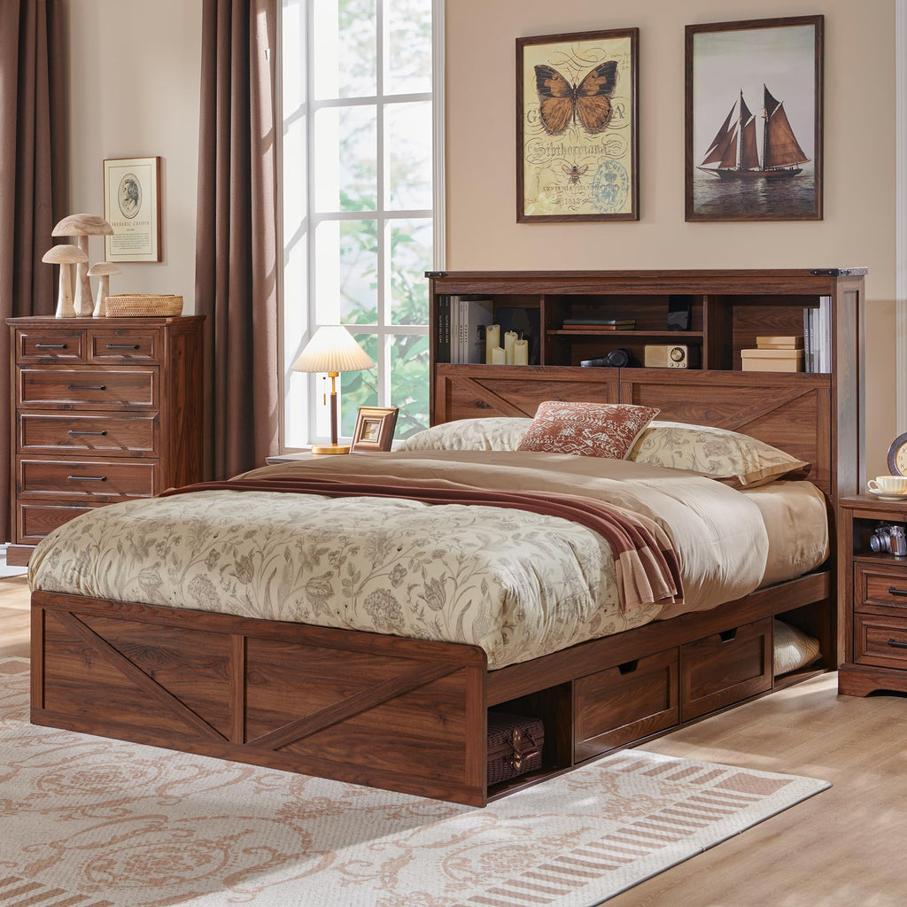 Queen Size Wood Bed Frame with Storage Headboard and 4 Drawers O867660