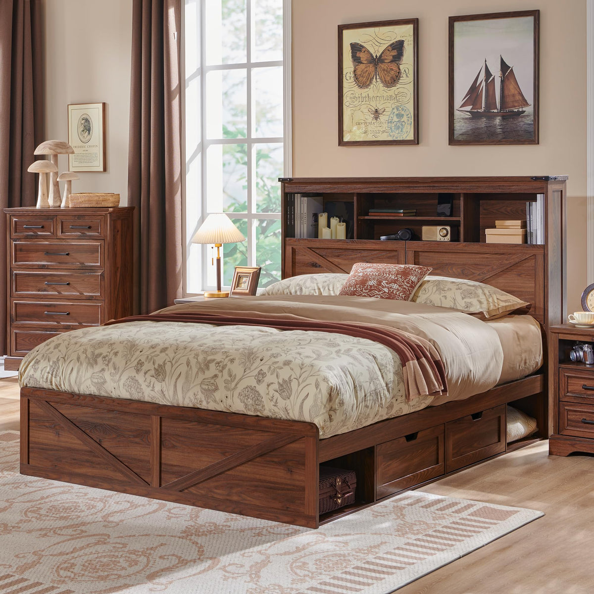 Queen Size Wood Bed Frame with Storage Headboard and 4 Drawers O867660