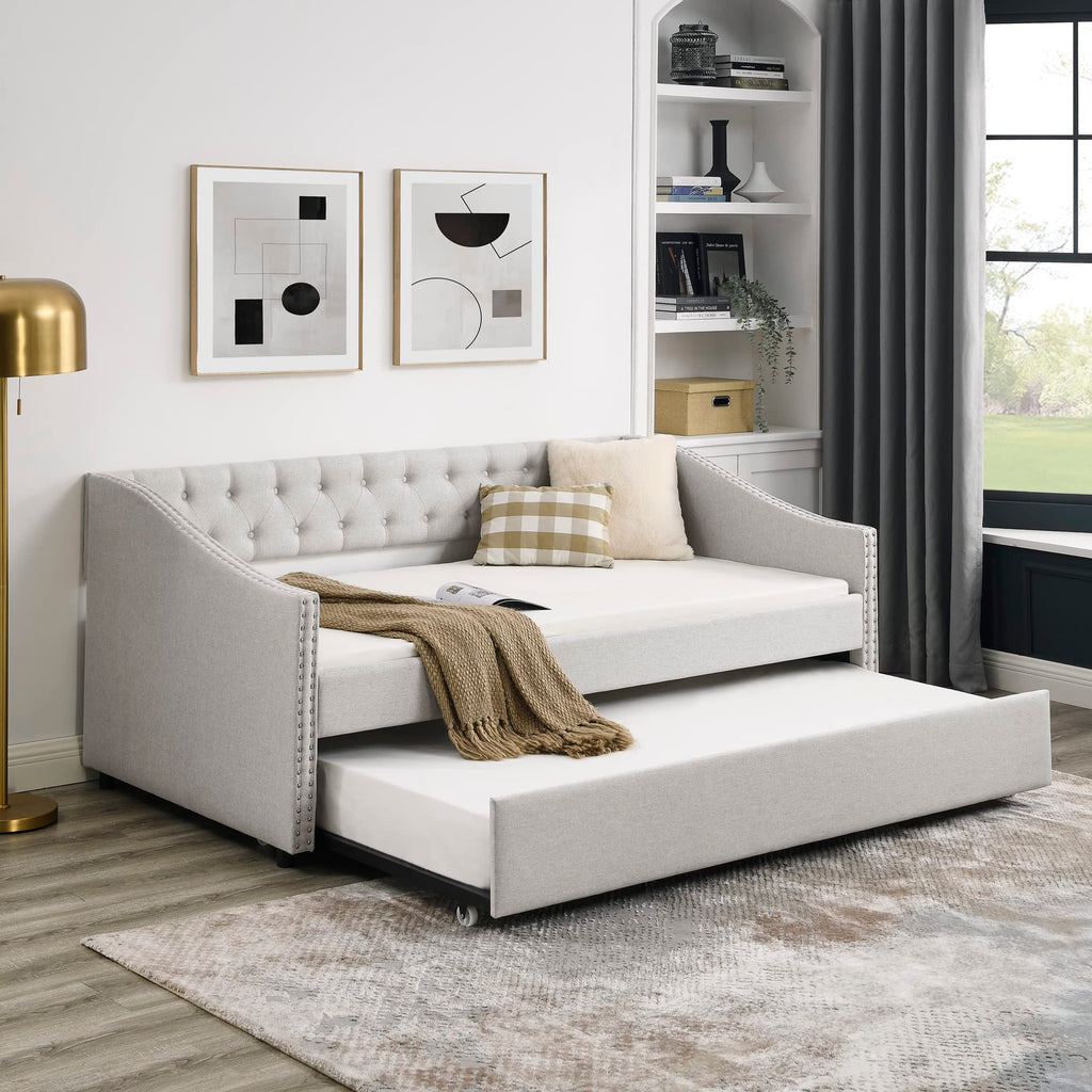 Upholstered Button Tufted Twin Size Daybed with Trundle B866