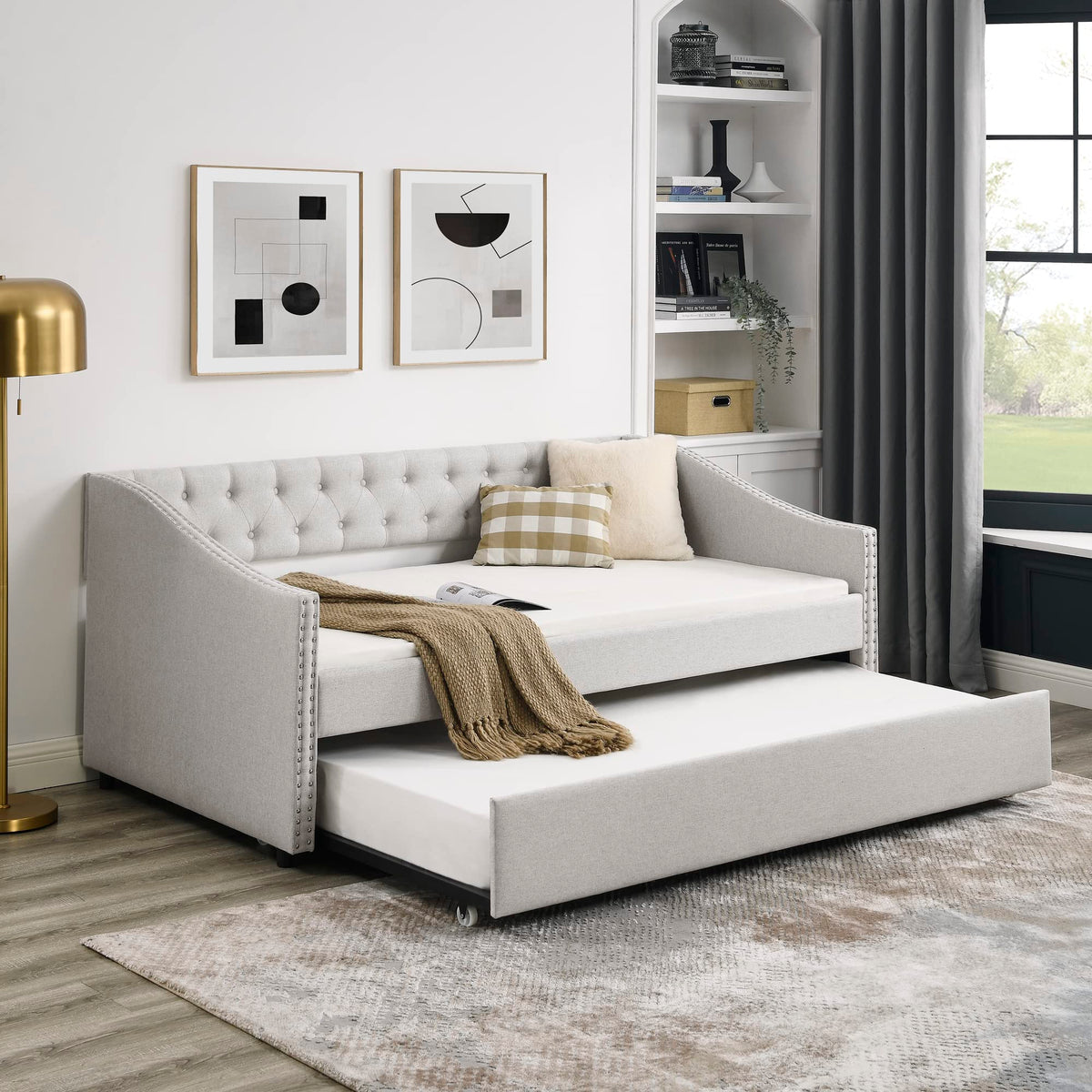 Upholstered Button Tufted Twin Size Daybed with Trundle B866