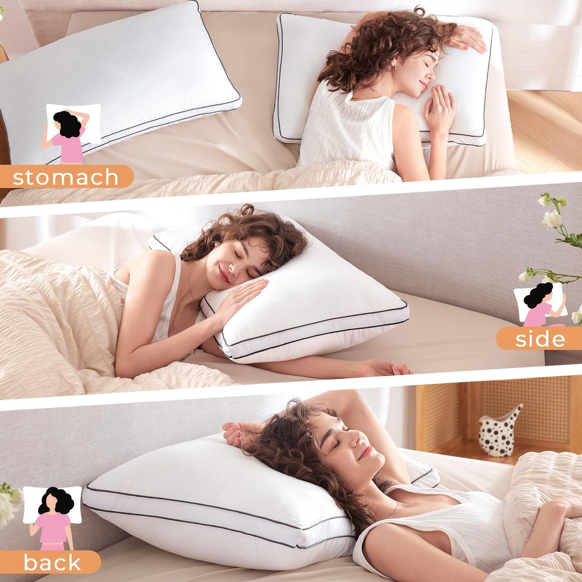 Queen Size Set of 2 White Gusseted Bed Pillows G717