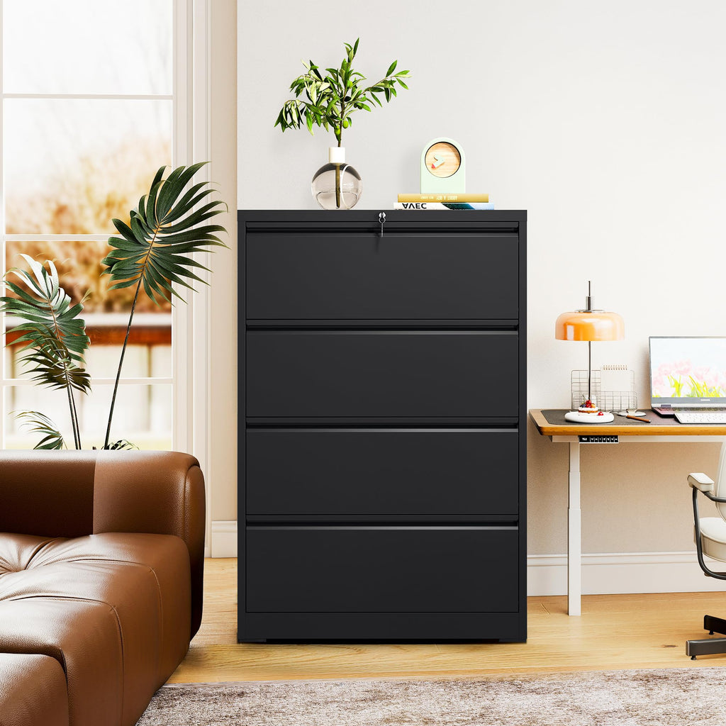 Black 4 Drawer Metal Lateral File Cabinet with Lock W40714