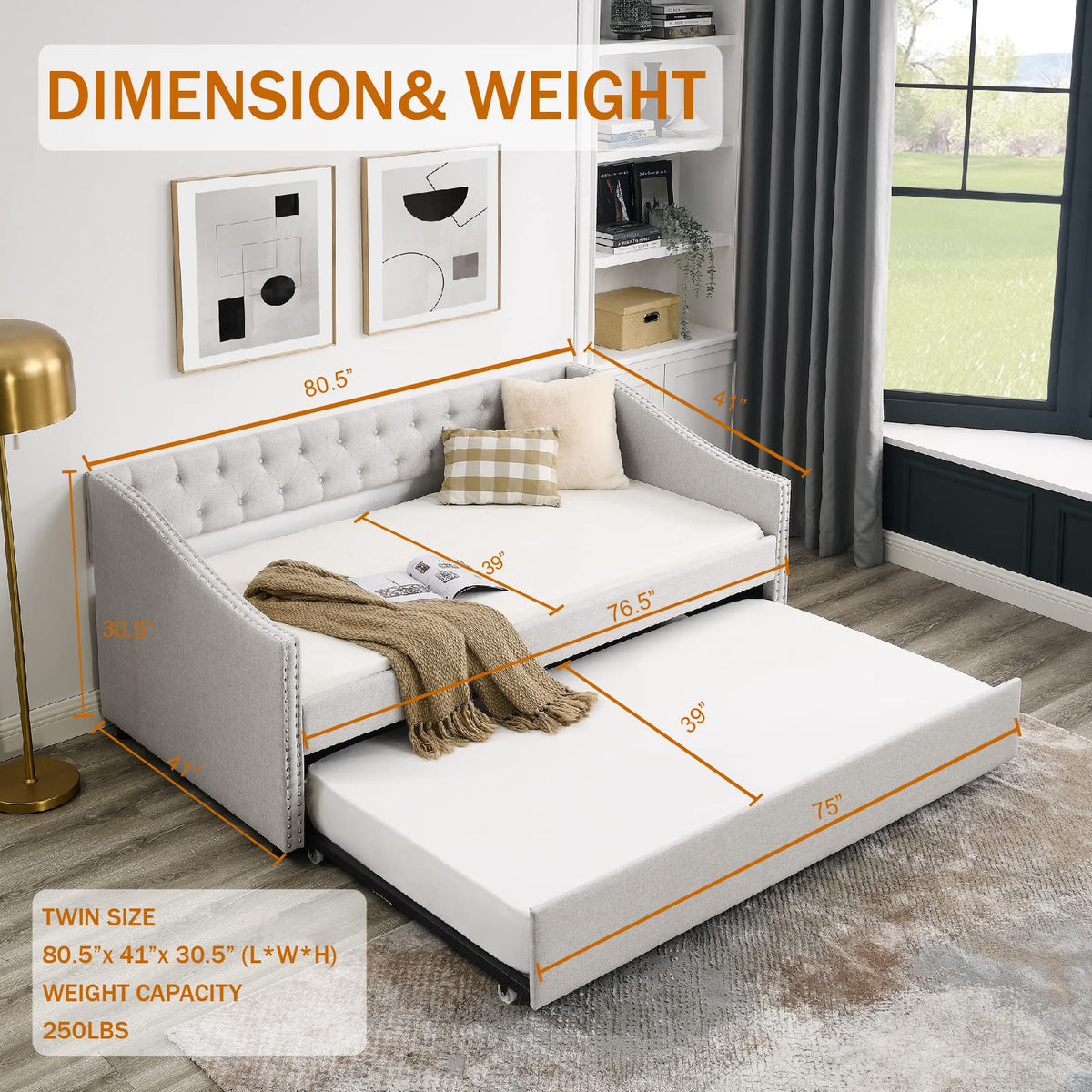 Upholstered Button Tufted Twin Size Daybed with Trundle B866