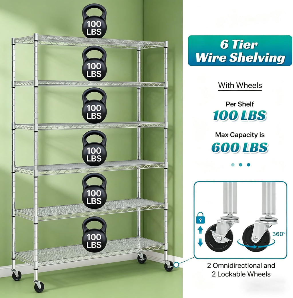 6-Tier Heavy Duty Steel Wire Shelving Unit with Wheels K1825